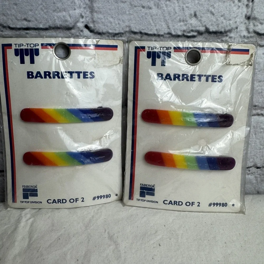 VTG‎ Tip-Top Barrettes (4) Piece Self Clasp Metal and Ball Clasp Rainbow CUTE